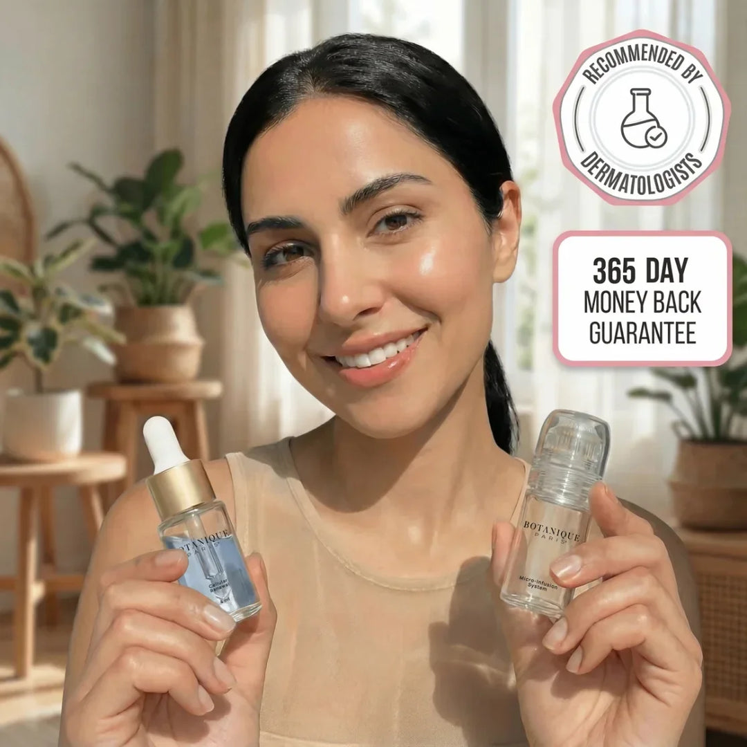 Dermatologist-recommended and 365-day money back guarantee badges