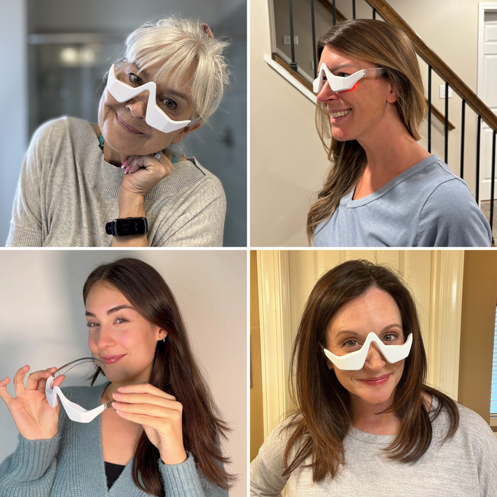 Four quadrants showing different women wearing a unique eyewear product.