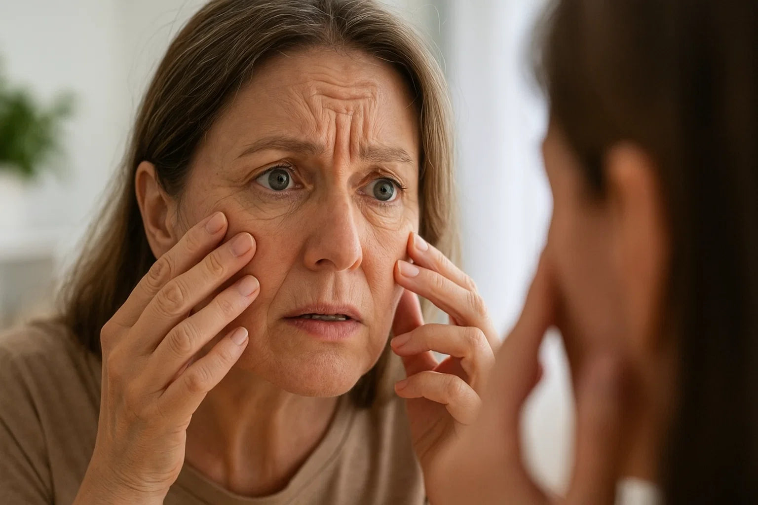 Woman examining her face in the mirror, possibly concerned about wrinkles.