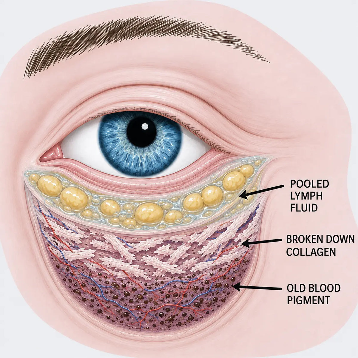 Under-eye diagram: pooled lymph fluid, broken down collagen, old blood pigment
