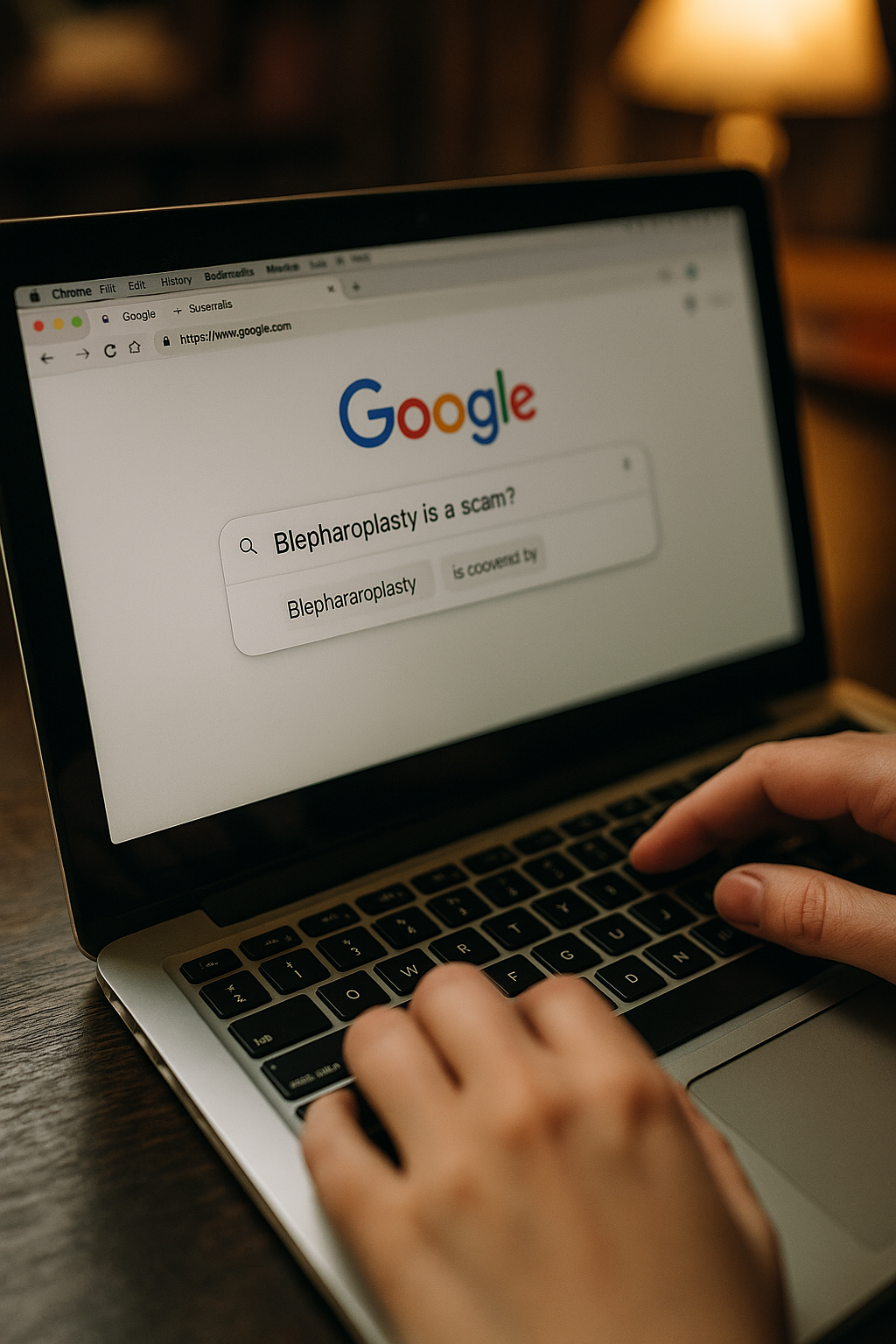 Person using a laptop with Google search on screen