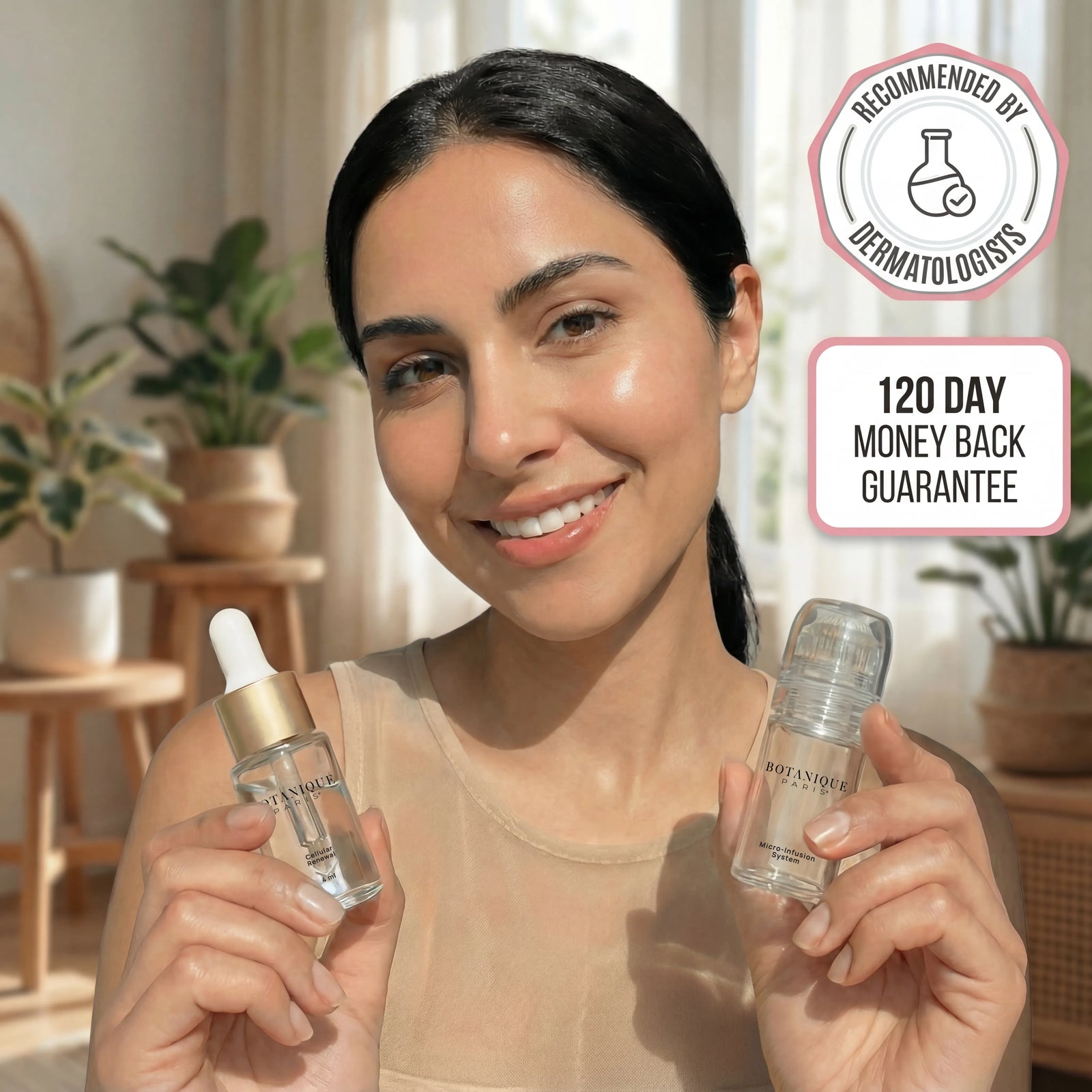 Woman holding the Micro-Infusion System serum and device &mdash; recommended by dermatologists, money-back guarantee