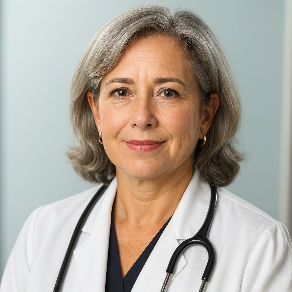 Woman wearing a white lab coat with a stethoscope around her neck against a light blue background