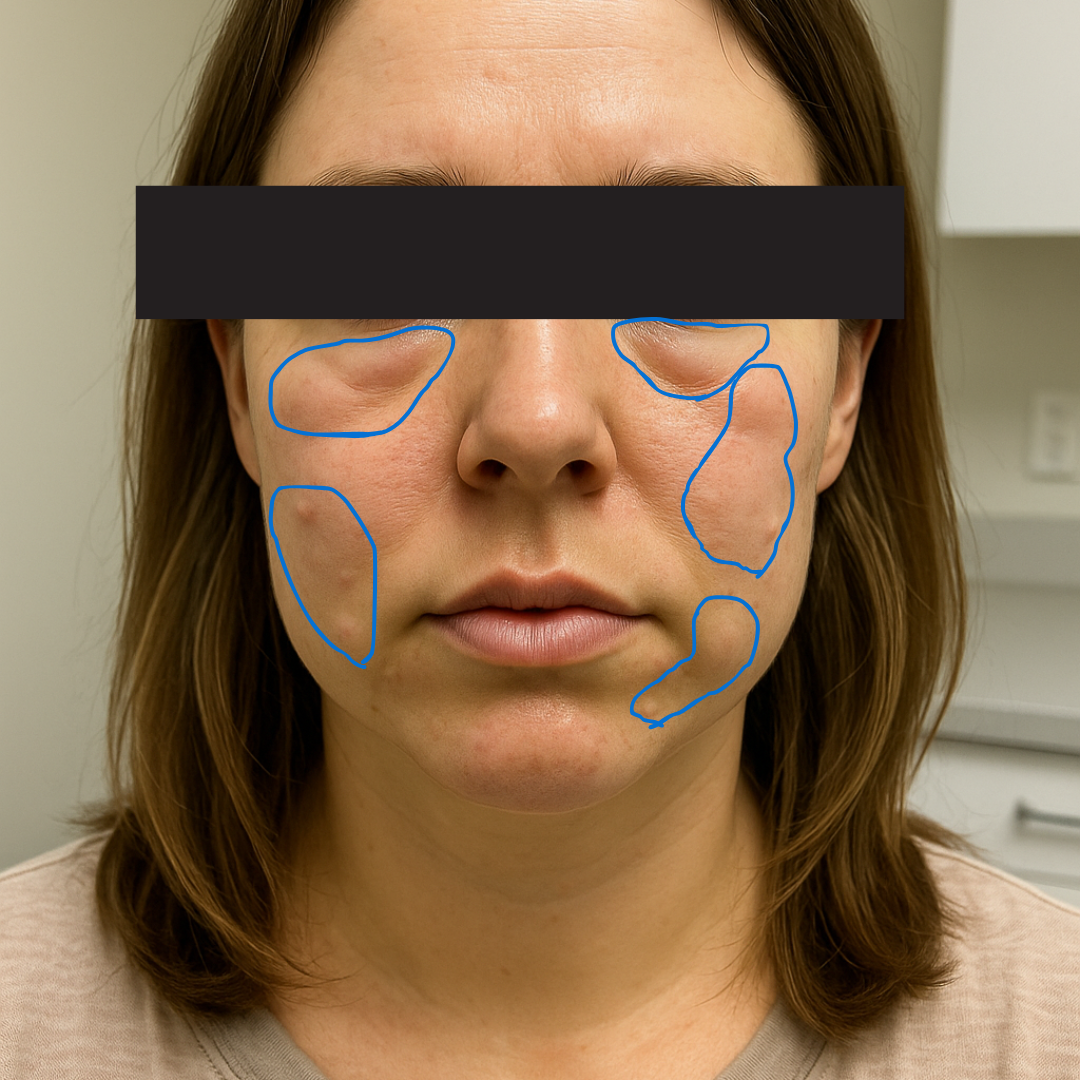 Person with blue markings on their face in a kitchen setting