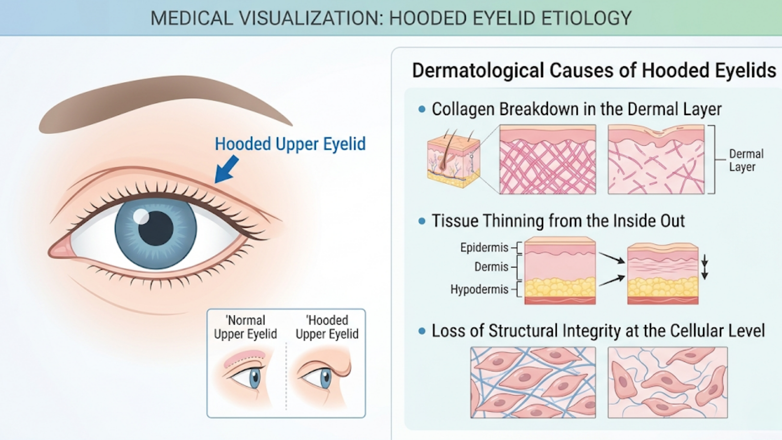 SLOT 4 — Medical cross-section illustrationupper eyelid anatomy (dermis, collagen fibers, tissue structure)