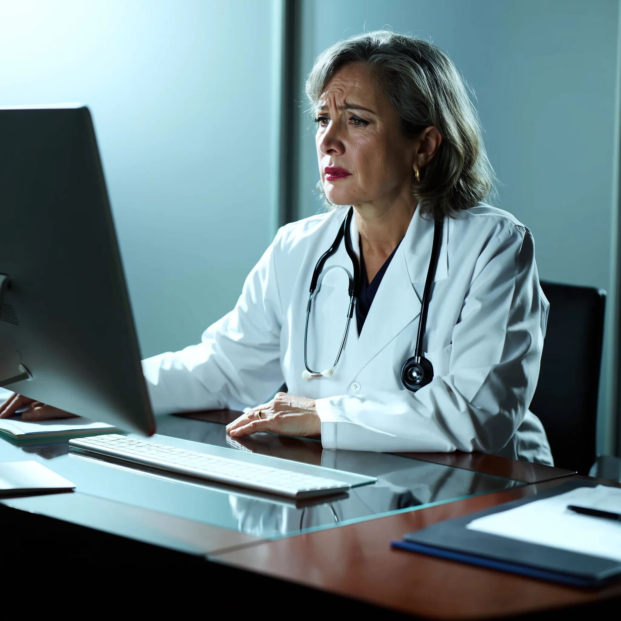 Doctor in a white coat sitting at a desk with a computer, looking concerned.