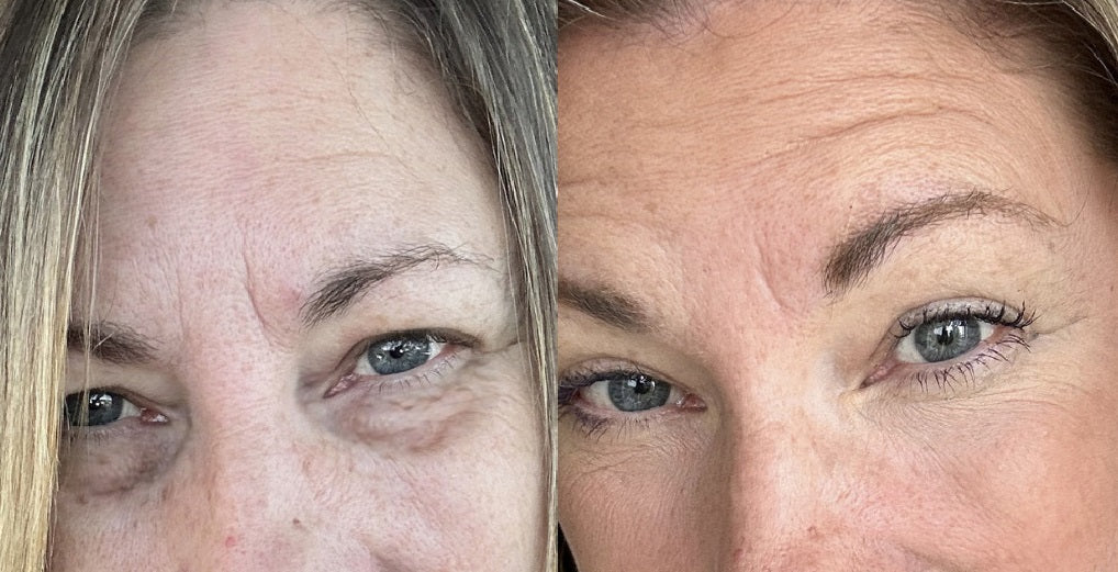 Side-by-side comparison of a woman's face with and without makeup, focusing on the eyes.