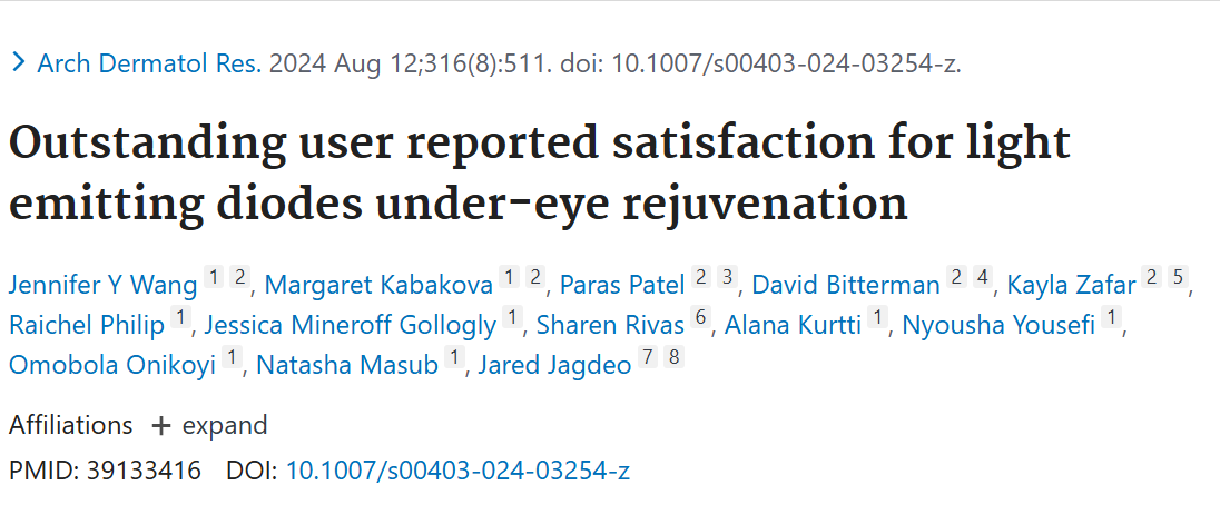 Journal article abstract on light emitting diodes for eye rejuvenation with author names and affiliations.