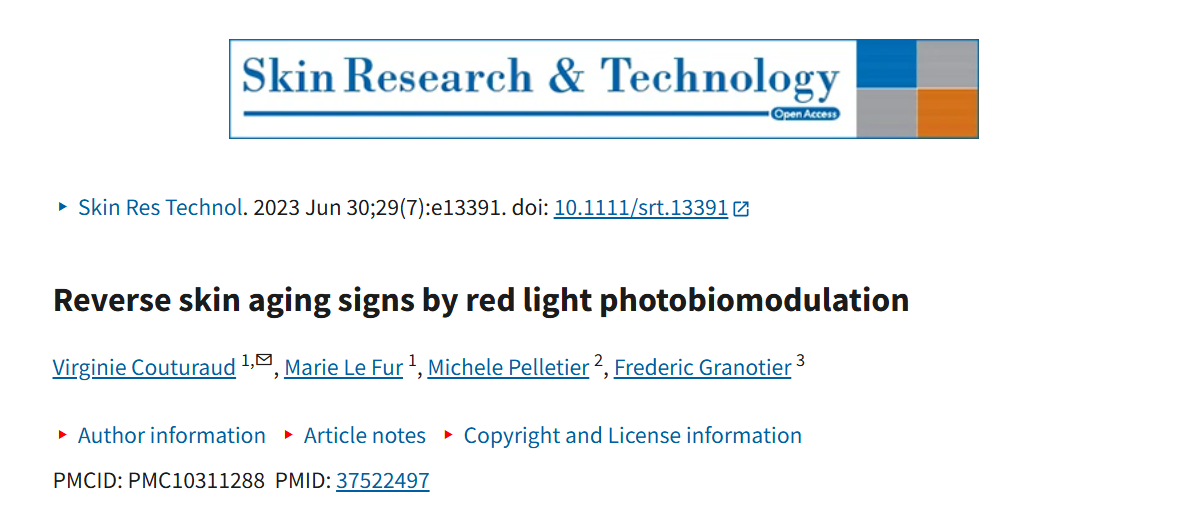 Journal article page from 'Skin Research & Technology' with text about red light photobiomodulation.
