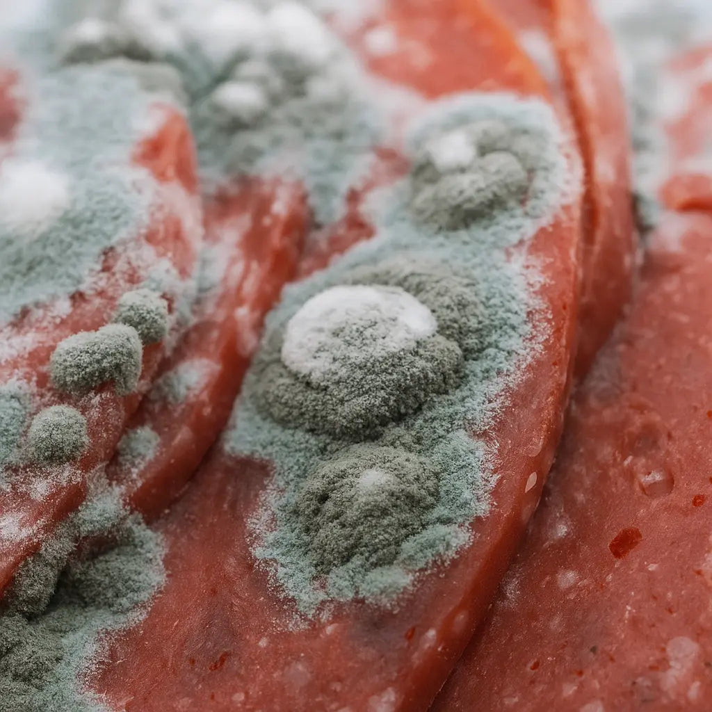 Mold growth on a piece of red meat