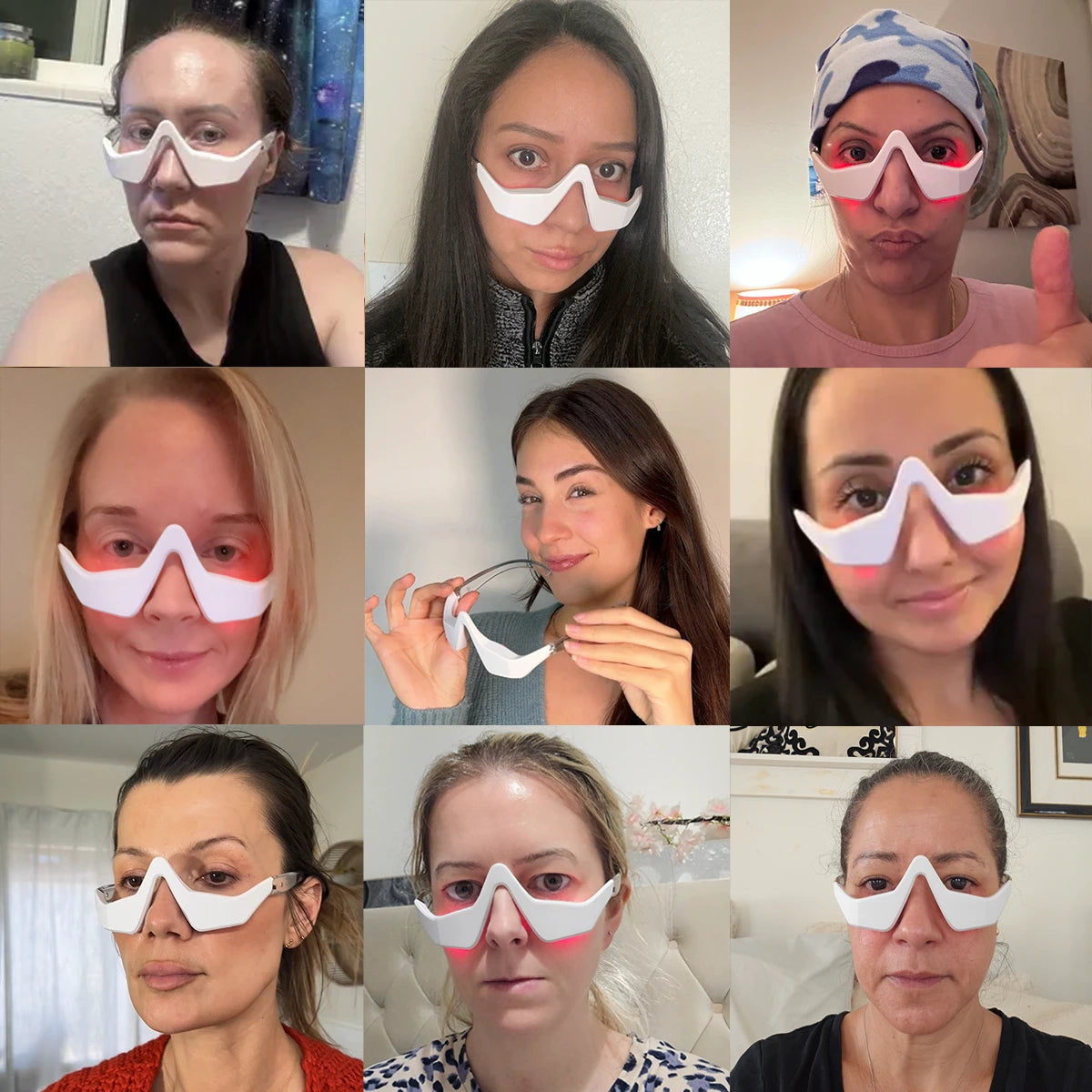 Grid of nine women wearing goggles with red light on their faces.