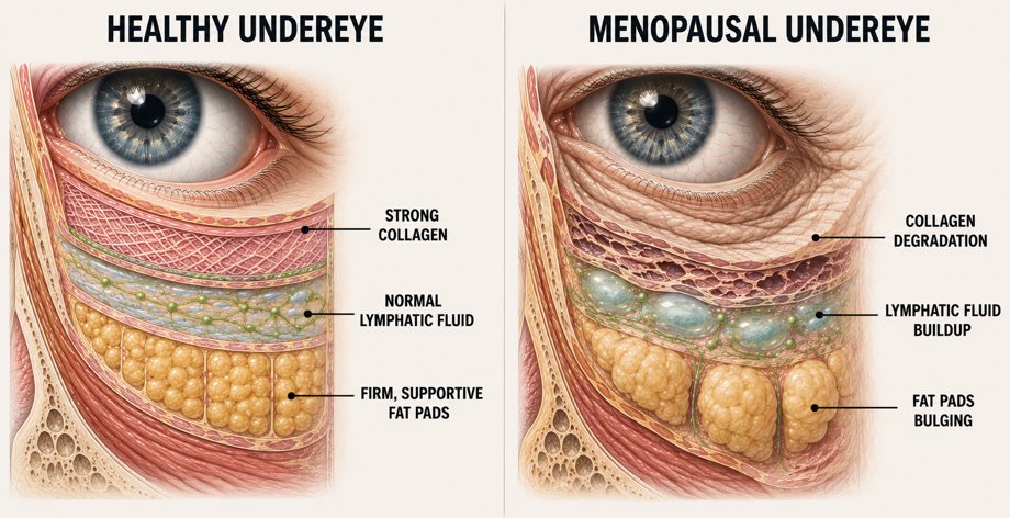 Cross section comparing a healthy under-eye with a menopausal under-eye