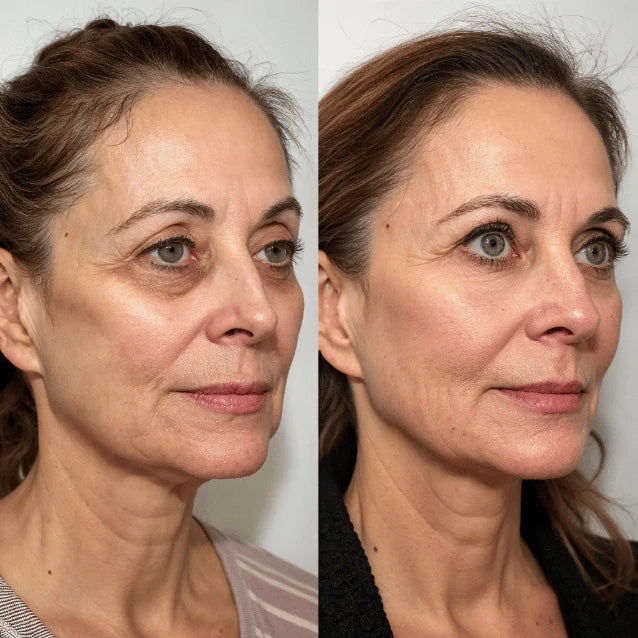 Before and after comparison of a woman's face with visible aging changes.
