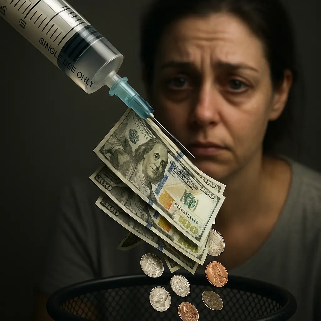 Woman looking at money and coins with a syringe injecting money