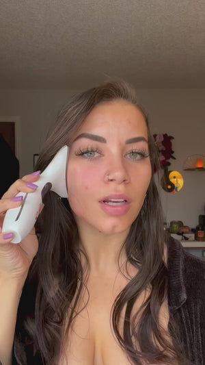 Woman showing before-and-after results of red light therapy