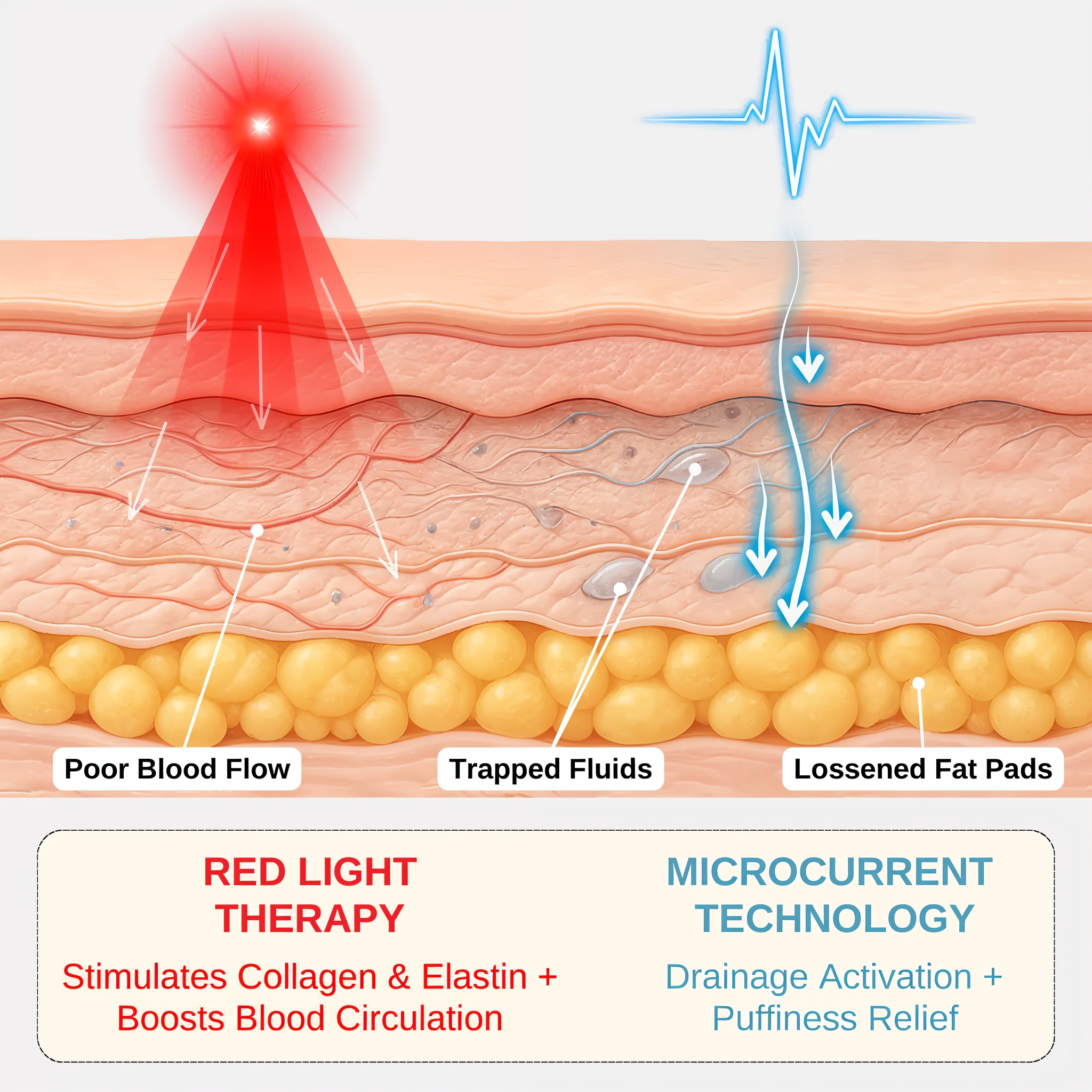 Diagram of skin layers with red light therapy and microcurrent technology labels.