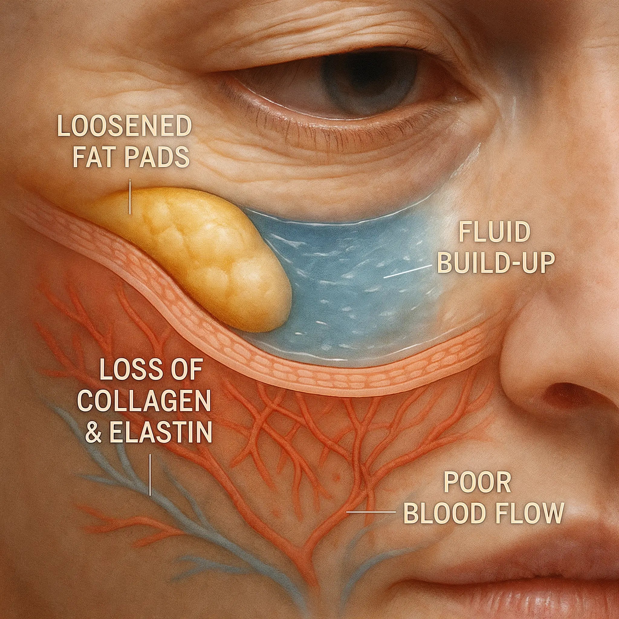 Illustration of facial aging with labeled components on a close-up of skin.