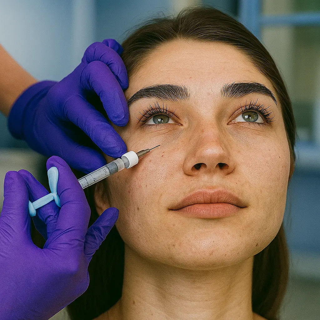 Person receiving a facial injection with a syringe held by gloved hands.