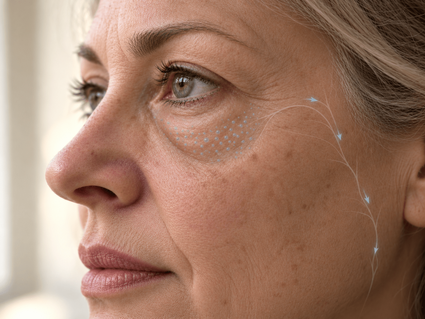 Fluid pooling under the eye and the lymphatic path that drains it