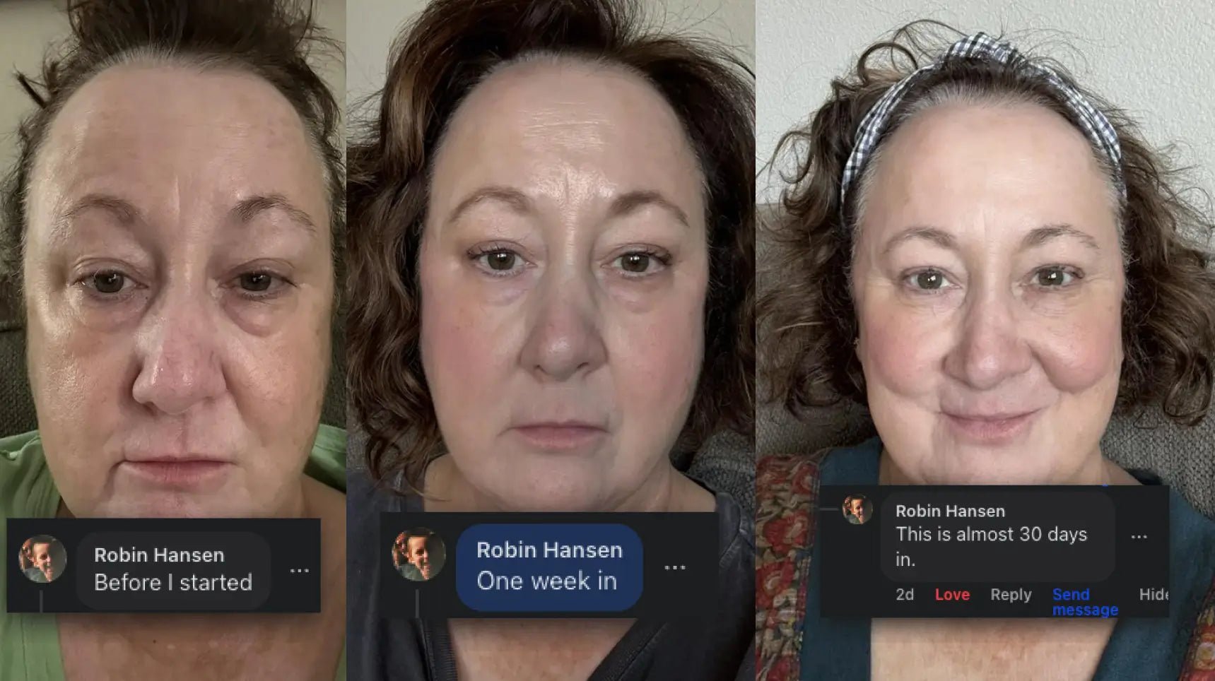 Robin Hansen before starting, one week in, and almost 30 days in