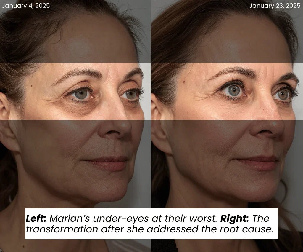 Marian's under-eyes at their worst and after she addressed the root cause